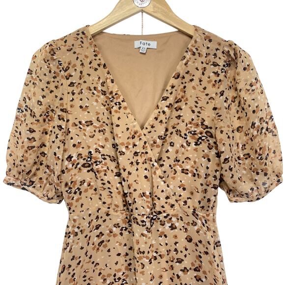 FATE Animal Print Tiered Ruffle Dress Taupe Leopard Chiffon Fall Neutral Size XS - Picture 2 of 10